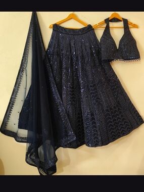 Embellished Navy A-Line Skirt with Matching Blouse and Dupatta